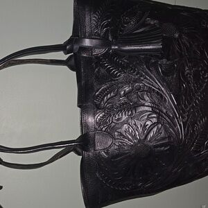 Elegant Black Embossed Leather Tote Bag H 10in× L 17in ×W 6in